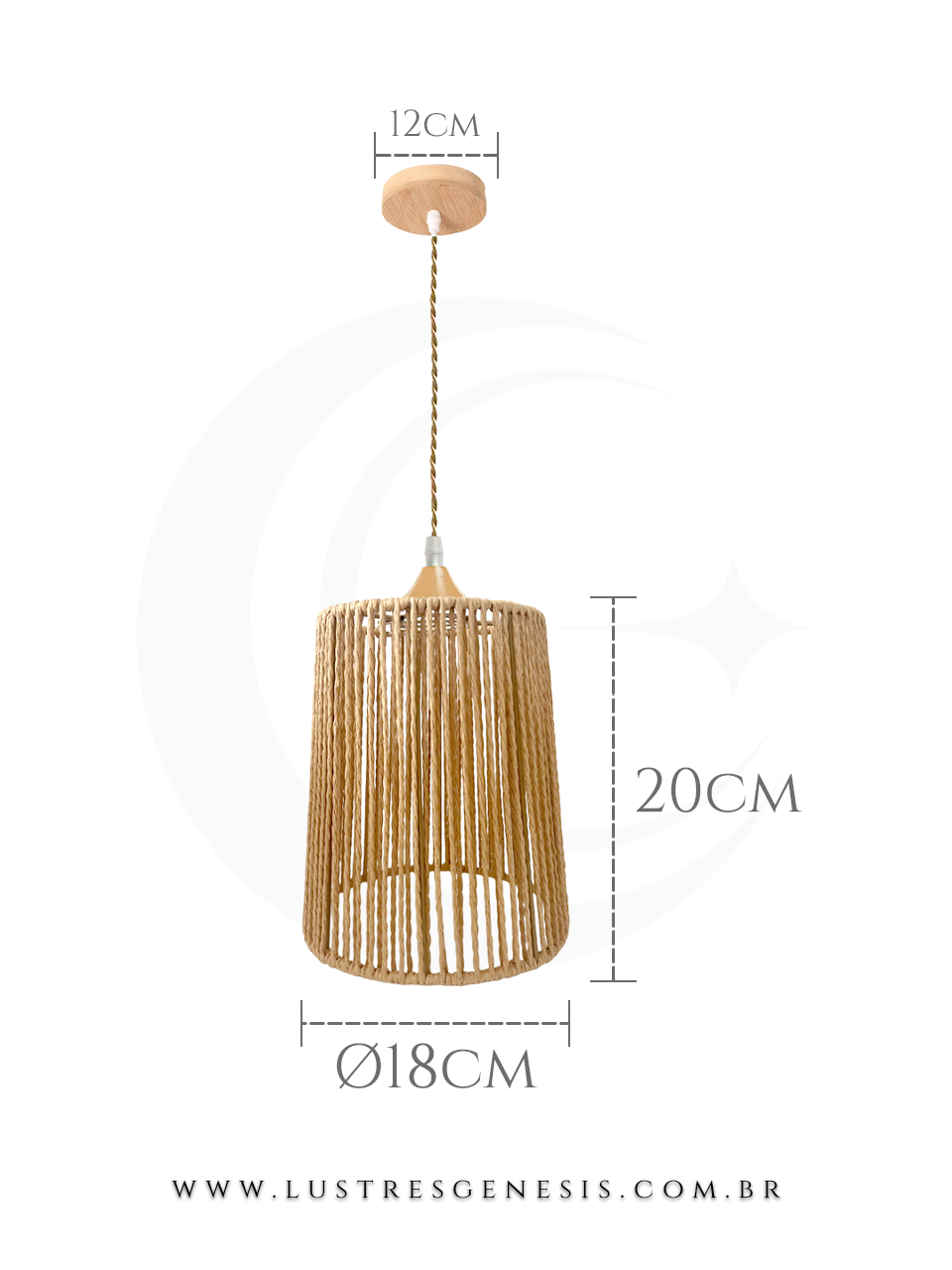 Luminária de teto rústica feita de sisal, formato pendente, com dimensões de 18 cm de diâmetro e 20 cm de altura, ideal para mesas, balcão de cozinha, área gourmet e sítios.